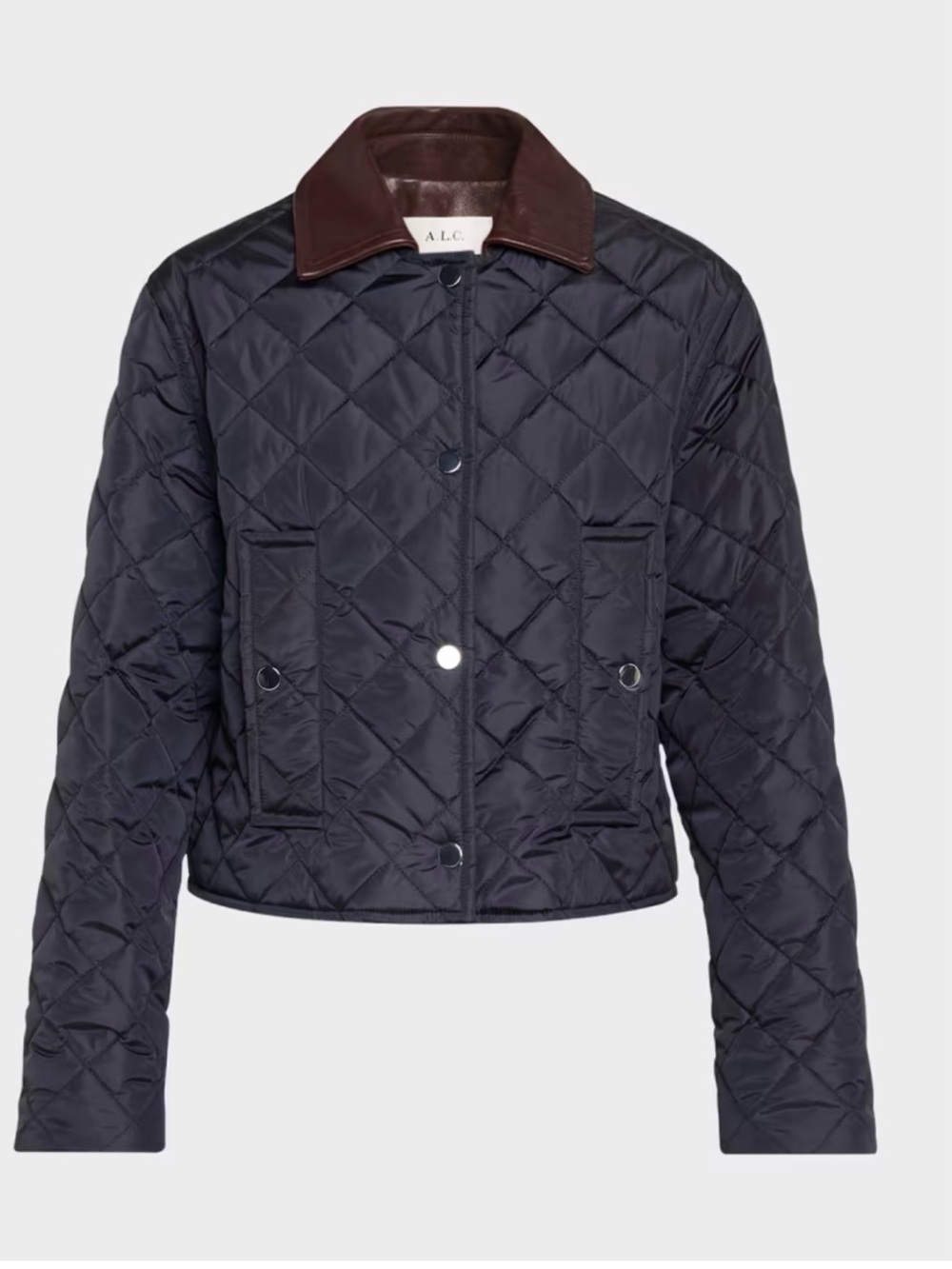 NWOT A.L.C. Henri Quilted Contrast Collar Navy Puffer Jacket Brown Leather M